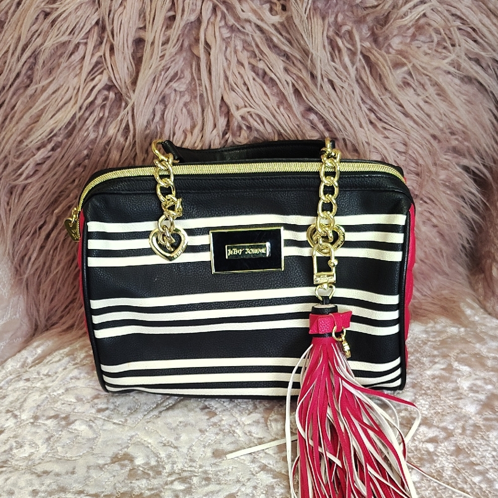 Betsy Johnson Black and White Striped Purse Bag with Gold Accents